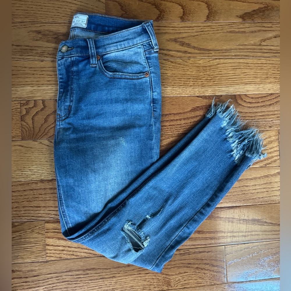 FREE PEOPLE GREAT HEIGHTS FRAYED SKINNY JEAN WORN INDIGO DENIM PANTS‎ - Picture 5 of 11